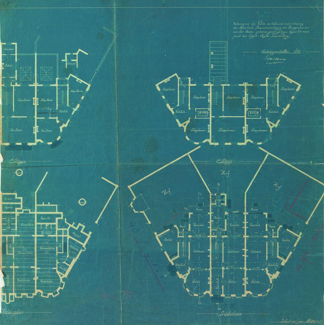 Tekening betreffende het ontwerp van een groepsbebouwing van drie villa's op de rotonde van de Cogels-Osylei te Zurenborg door Ernest Dieltiëns (Adres: Cogels-Osylei 38-40)