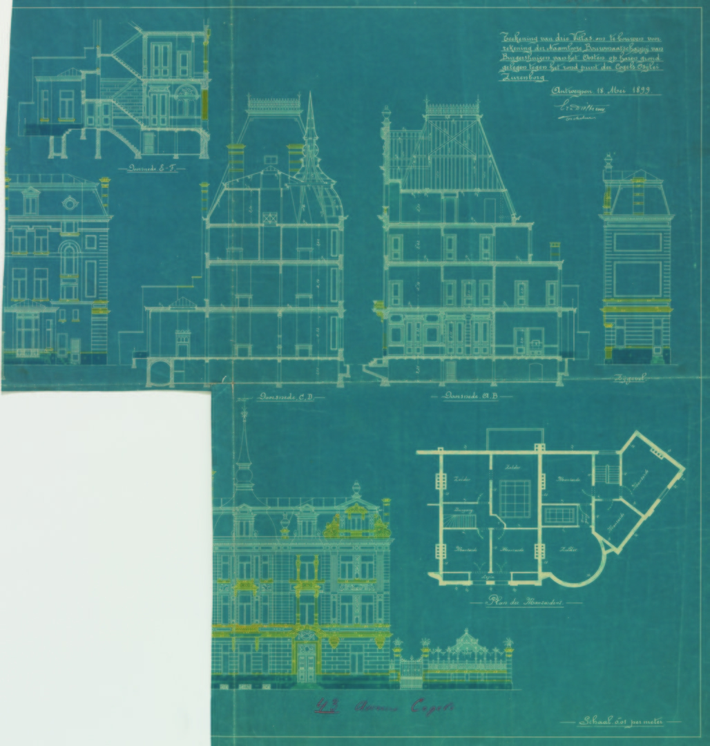 Tekening betreffende het ontwerp van een groepsbebouwing van drie villa's op de rotonde van de Cogels-Osylei te Zurenborg door Ernest Dieltiëns (Adres: Cogels-Osylei 39-43)