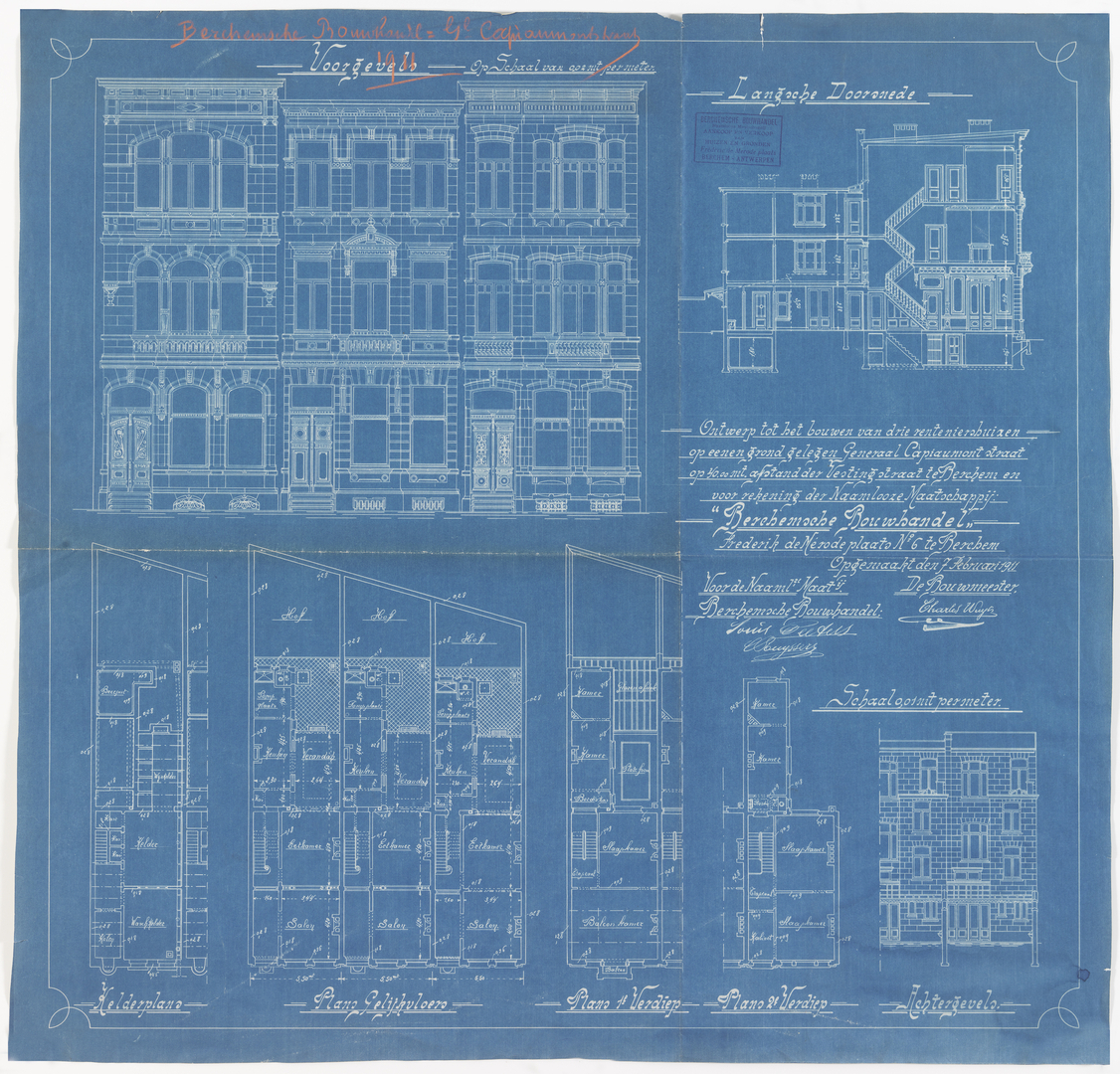 Tekening betreffende het ontwerp van een ensemble van drie burgerhuizen in beaux-artstijl te Zurenborg door Charles Wuyts (Adres: Generaal Capiaumontstraat 28-32)