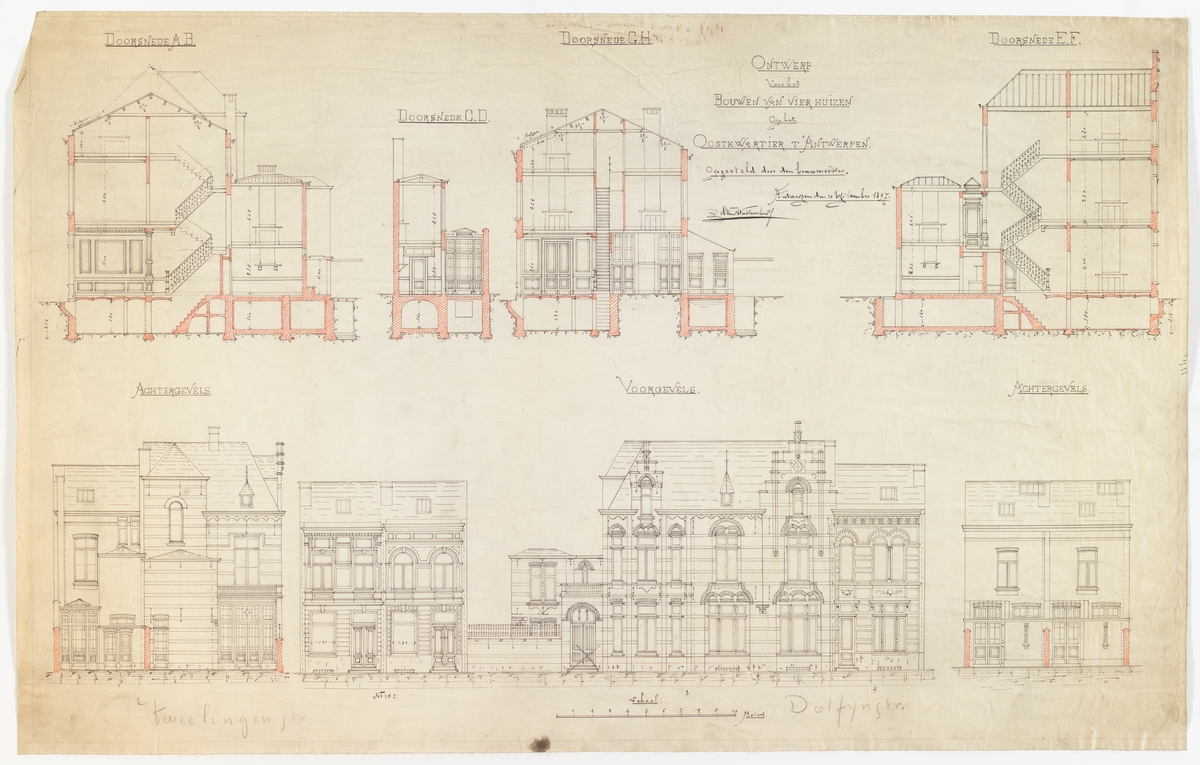 Tekening betreffende het ontwerp van een neoclassicistisch ensemble van burgerhuizen met neogotisch hoekhuis te Zurenborg door Edmond Van Waeterschoodt (Adres: Dolfijnstraat 36-38 ; Tweelingenstraat 2-4)