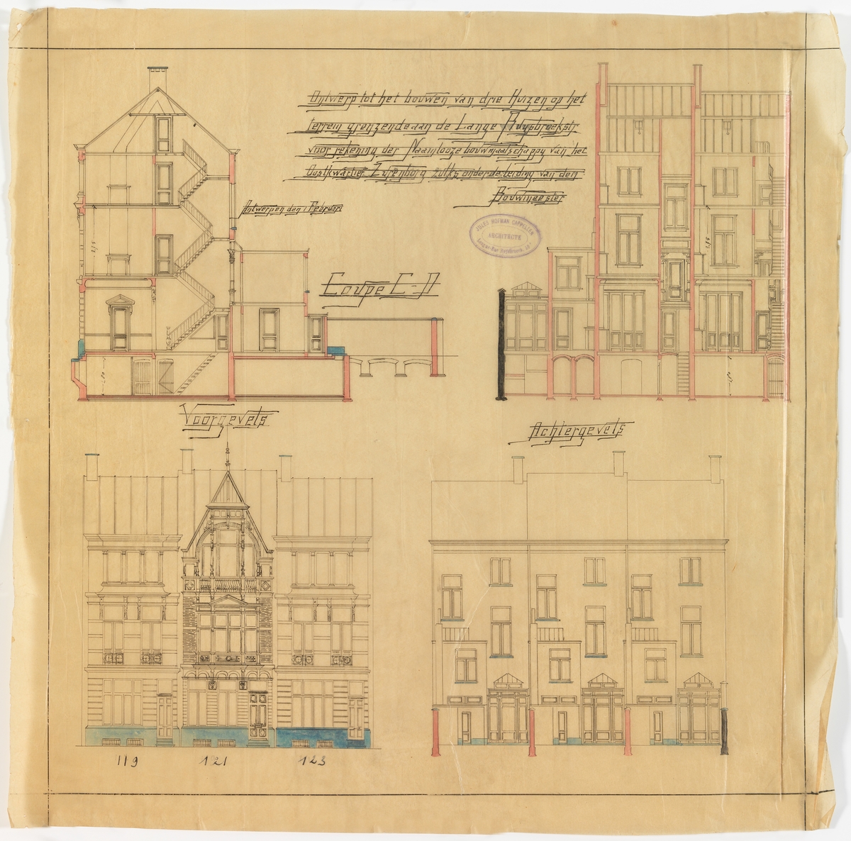 Tekening betreffende het ontwerp van drie burgerhuizen te Zurenborg door Jules Hofman (Adres: Lange Van Ruusbroecstraat 119-123)