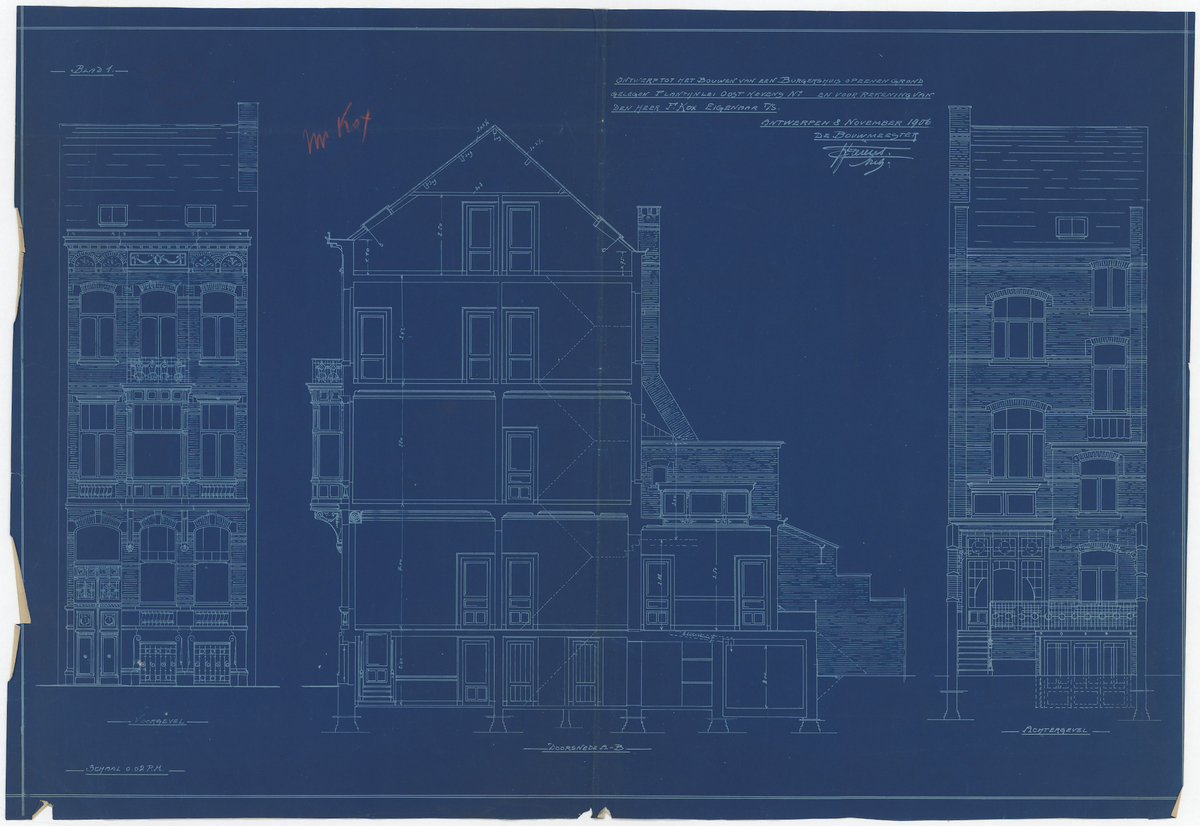 Tekening betreffende het ontwerp van een burgerhuis te Zurenborg door Gustave Fierens (Adres: Plantin en Moretuslei)