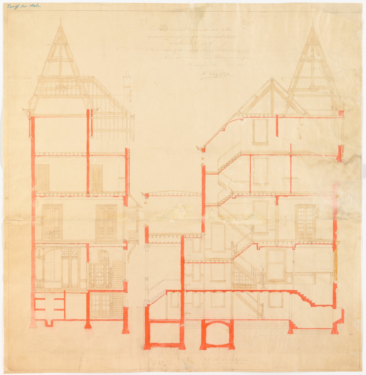 Tekening betreffende het ontwerp van een eclectisch ensemble van drie villa's genaamd 'De Twaalf Apostelen' te Zurenborg door Frans Van Dijk (Adres: Transvaalstraat 13-17)