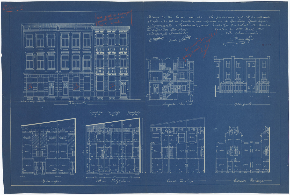 Tekening betreffende ontwerp van drie burgerhuizen onderdeel van een eclectische reeksbouw te Zurenborg door Charles Wuyts (Adres: Pretoriastraat 94-98)
