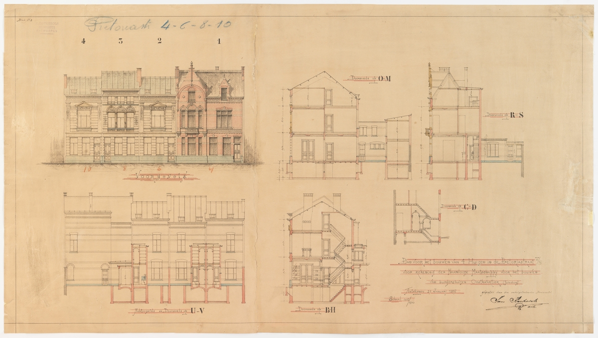Tekening betreffende het ontwerp van een gevarieerde huizenrij van vier burgerhuizen te Zurenborg door Jan Kockerols (Adres: Pretoriastraat 4-10)