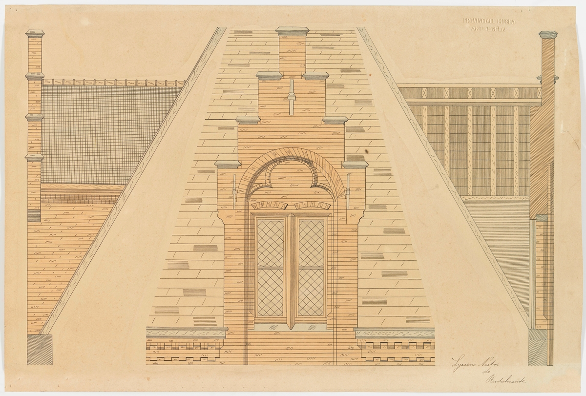 Detailtekening betreffende het ontwerp voor een gevelbekroning met dakkapel door Nestor Lyssens