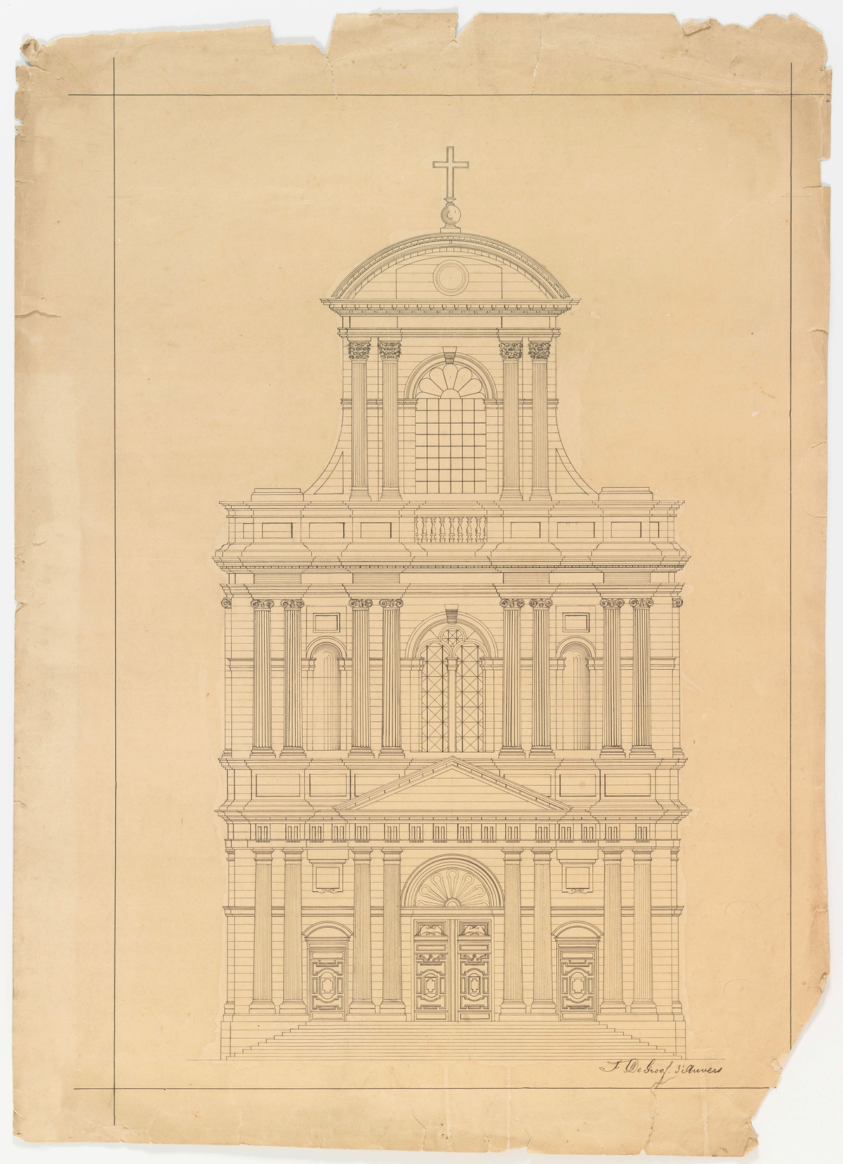 Prent van een tekening betreffende een classicistische kerk door Floris De Groof te Antwerpen