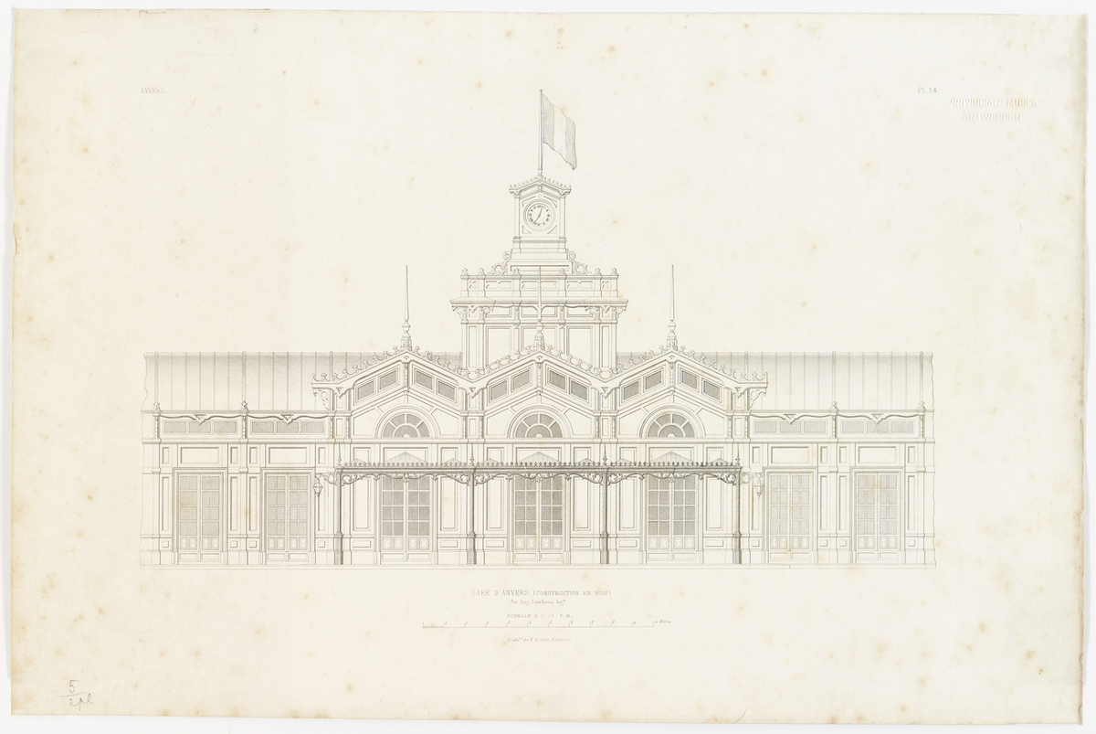 Prent betreffende het historische houten stationsgebouw 'Antwerpen-Oost' te Antwerpen door Auguste Lambeau en E. Noblet (Adres: Koningin Astridplein 27)