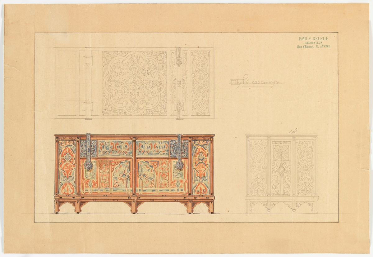 Tekening betreffende het ontwerp van een neo-Vlaamse renaissancekast door Emile Delrue