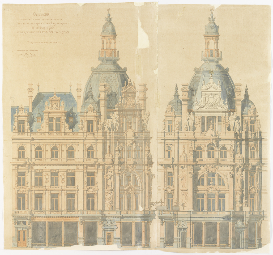 Tekening over het neobarokke 'Grand Hôtel Métropole' te Antwerpen door Frans Van Dijk (Adres: Leysstraat 27)